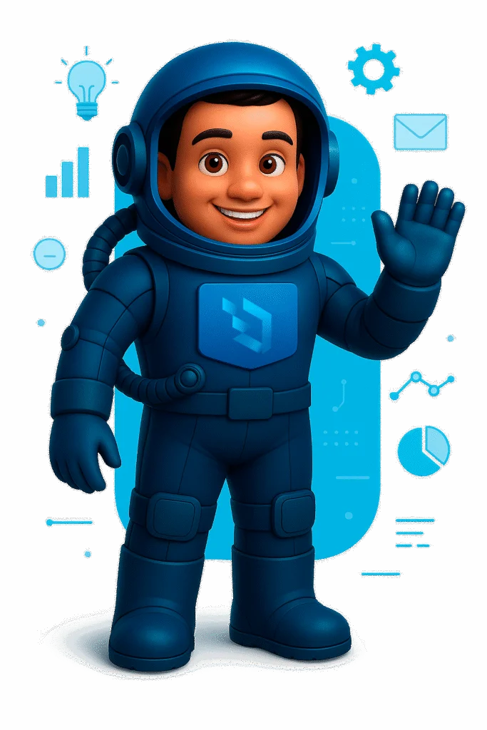 Ilustração 3D do mascote da Disruptivos com logos da Microsoft